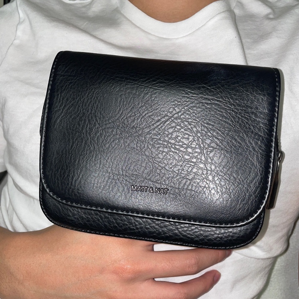 Matt & Nat Black Belt Bag with Textured Leather and Flap Closure